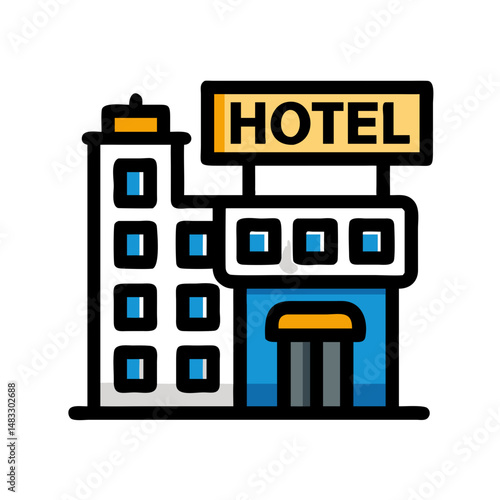 Hotel Building with Sign Symbol Representing Lodging and Hospitality Services