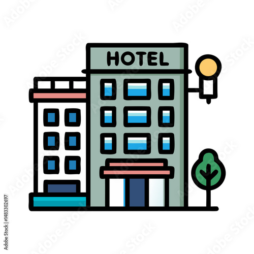 Hotel Building with Sign Symbol Representing Lodging and Hospitality Services