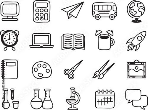 Outline School Icon Collection for Educational Apps, printable worksheets, e-learning interfaces, teaching materials, science projects, and student-focused graphic designs