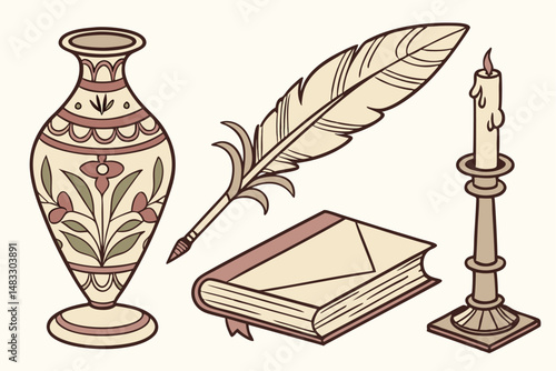 91 antique ornate decorative ornaments, vintage ceramic vase, old fashioned quill pen, intricate decorative engraved metal candlestick, victorian era decorative aesthetic, high resolution detailed pho