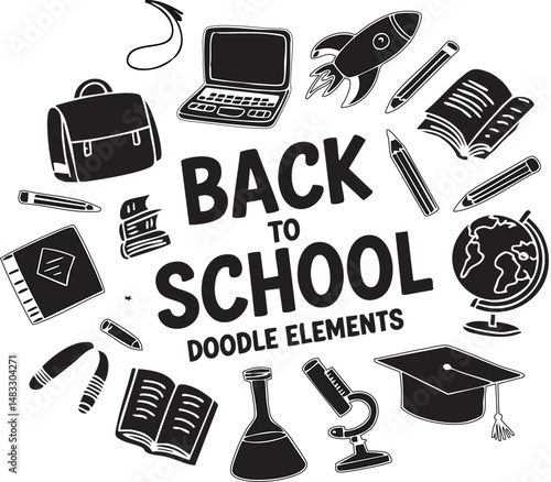 Back to school doodle elements in black and white, hand-drawn educational icons for classroom posters, student planners, learning materials, teacher resources, 