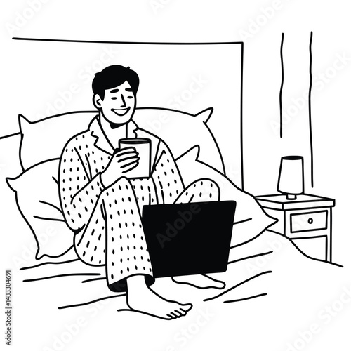 relax-man-enjoy-resting-wear-pajama-sitting-on-bed.eps