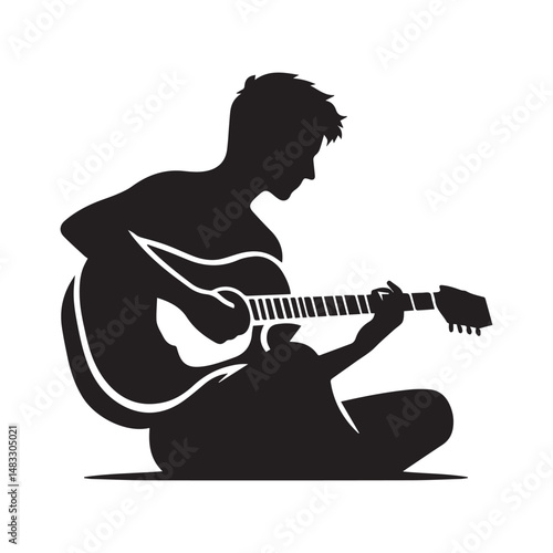 silhouette of a person playing guitar, simple black and white editable vector