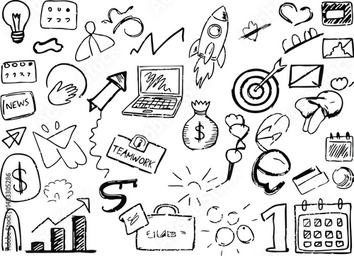 Hand-drawn business and startup doodles, sketch icons for entrepreneurship, marketing strategy, brainstorming, finance presentations, teamwork concepts, office planning visuals