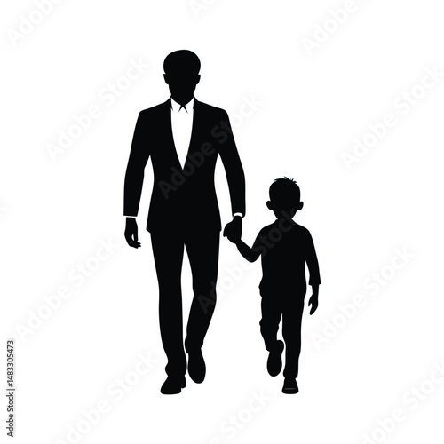 Silhouette of a father holding his son's hand illustrating family and parenthood