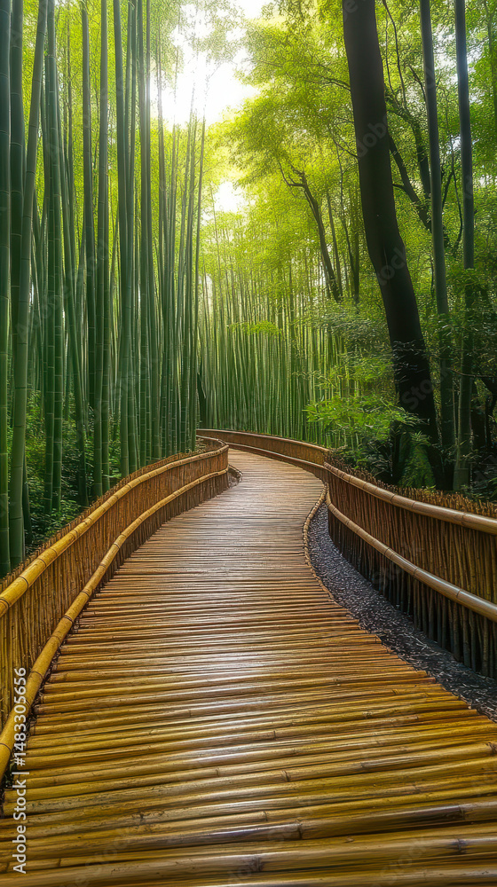 Obraz premium Serene Bamboo Forest Pathway with Wooden Walkway Surrounded by Tall Green Stalks, Perfect for Tranquil Exploration