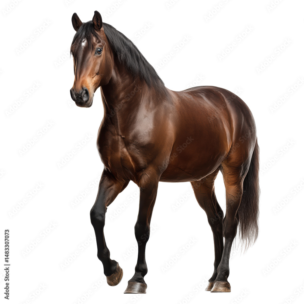 Obraz premium Majestic Brown Horse in Full Stride , isolated on white background png