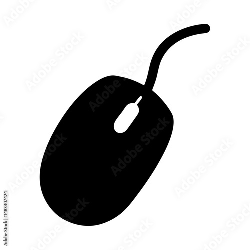 Iconic computer mouse with black body and white scroll wheel on background