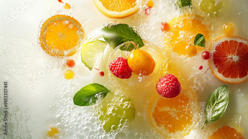 Citrus fruits and herbs frozen in clear ice