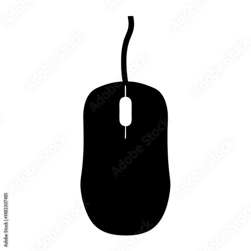 Black silhouette of a wired computer mouse with a top scrolling wheel