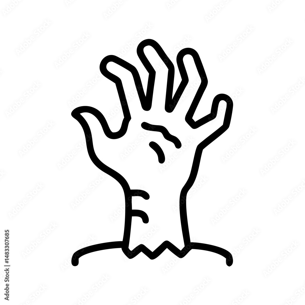 Zombie hand emerging from the ground in a spooky outline design Zombie hand emerging from the ground in a spooky outline design