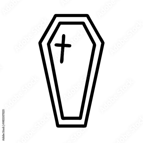 Simple line drawing of a coffin with a cross symbol  