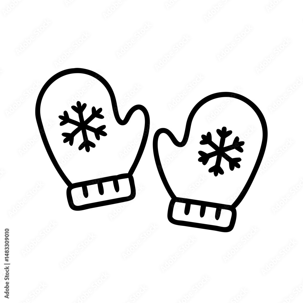 Two winter mittens with snowflake design in minimalist style Two winter mittens with snowflake design in minimalist style