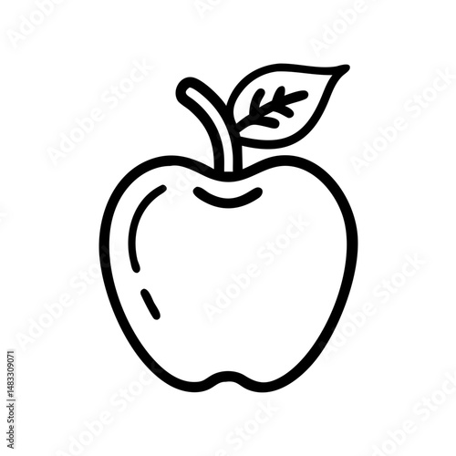 Line drawing of an apple with leaf on a white background  