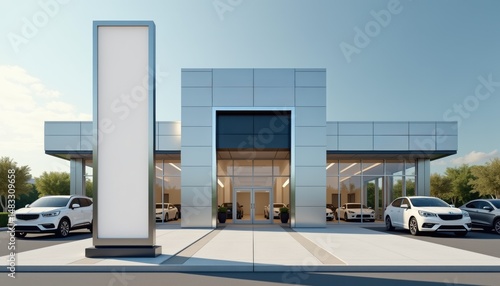 Modern car dealership building with glass exterior and signage  