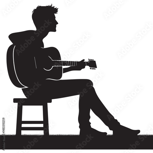 silhouette of a person playing guitar, simple black and white editable vector
