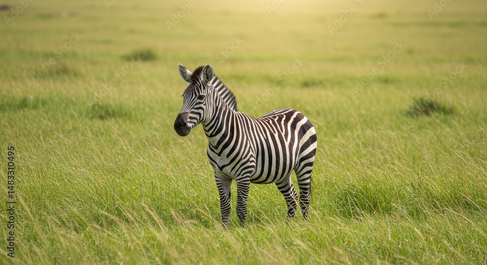 Obraz premium Zebra in Serengeti Grassland - A lone zebra stands gracefully in a tall grass field, symbolizing freedom, wildlife, nature, Africa, and serenity