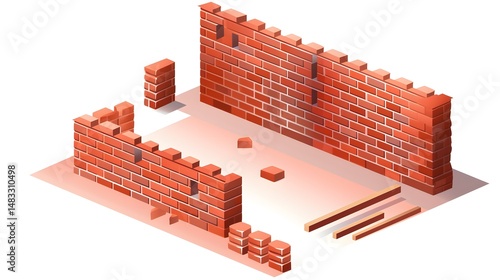 Professional Isometric View of Red Brick Wall Construction for Architecture Projects