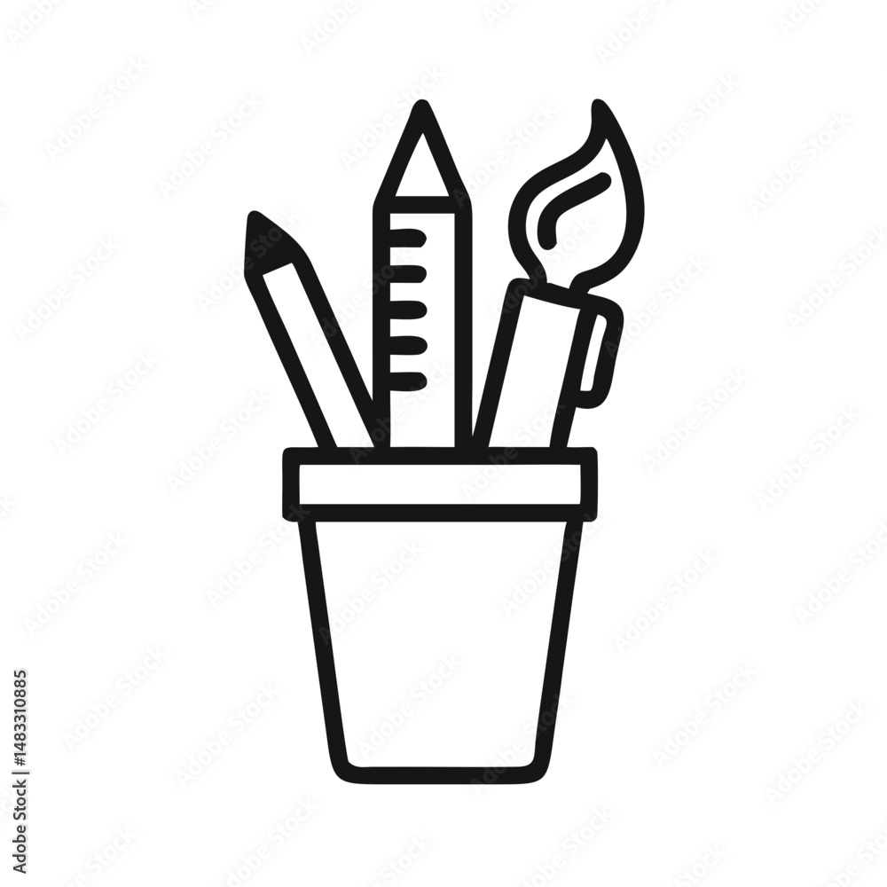 Pencil and Brush Set in Holder Icon Representing Art Supplies and Creative Tools Pencil and Brush Set in Holder Icon Representing Art Supplies and Creative Tools