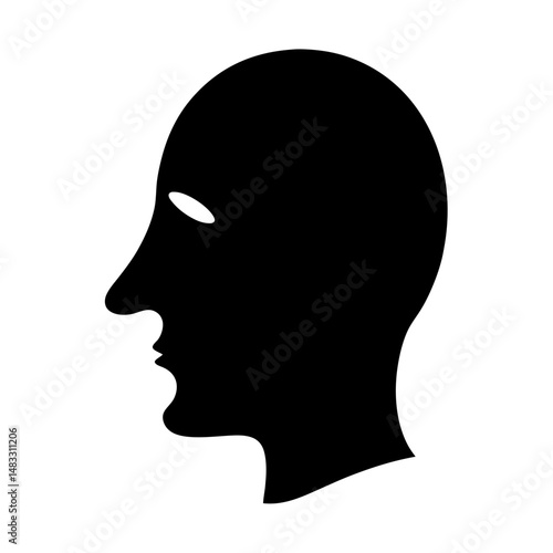 Stylized black human head profile with white eye shape and plain background