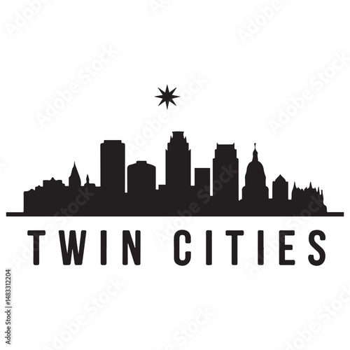 Twin cities skyline horizontal banner. Black silhouette of Twin Cities, Minnesota. Vector template for your design. Vector black silhouette. with white background
