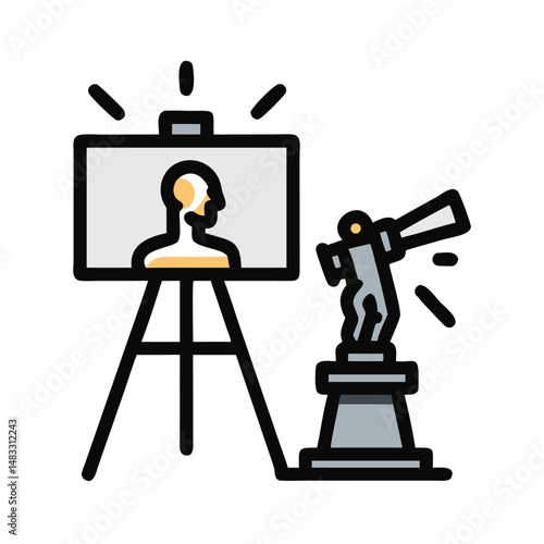 Sculpture on Easel with Spotlight Icon Representing Art Display and Exhibition