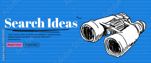 Sketch banner with binoculars. We are hiring concept. Vector banner with blue bold bg