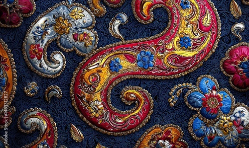 Intricate paisley pattern with floral motifs, rich jewel tones, and metallic accents on a dark background