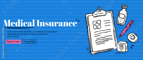 Sketch banner with medical tablet. Medical Insurance concept. Vector banner with blue bold bg