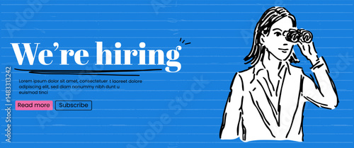 Sketch banner with woman with binoculars. We are hiring concept. Vector banner with blue bold bg