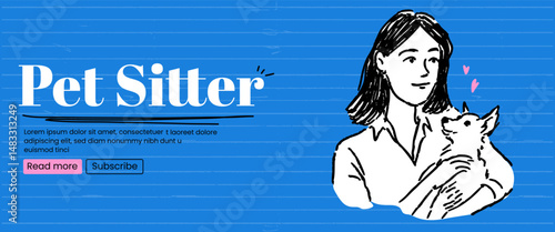 Sketch banner with happy woman with dog. Pet Sitter concept. Vector banner with blue bold bg