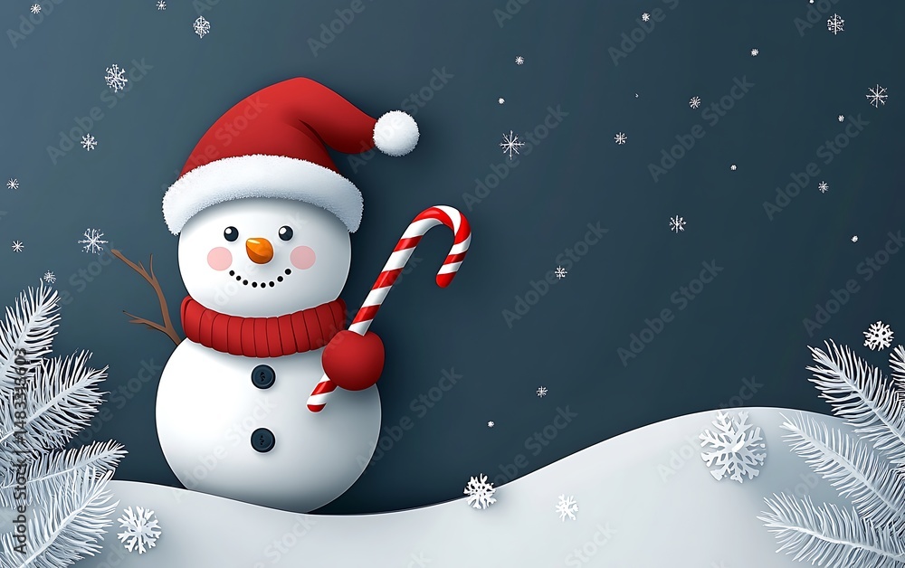 Fototapeta premium Festive Snowman with Candy Cane in Snowy Landscape