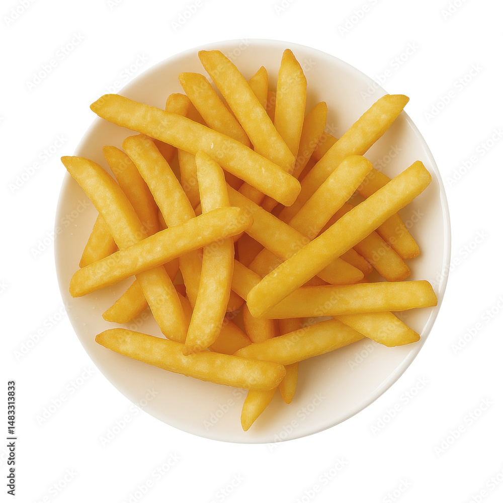 Crispy golden fries arranged neatly on white plate, perfect for snacking or as side dish. Enjoy delicious crunch Crispy golden fries arranged neatly on white plate, perfect for snacking or as side dish. Enjoy delicious crunch