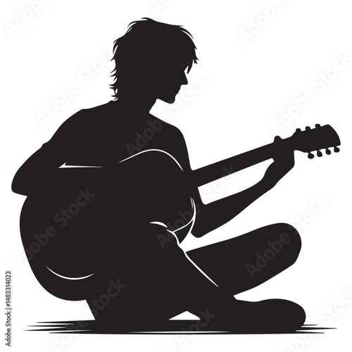 silhouette of a person playing guitar, simple black and white editable vector