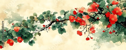 Red flowers, green leaves, branch, Asian art