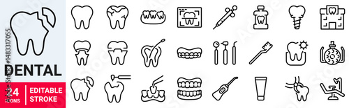 Set of 24 outline icons related to dental. Linear icon collection. Editable stroke. Vector illustration