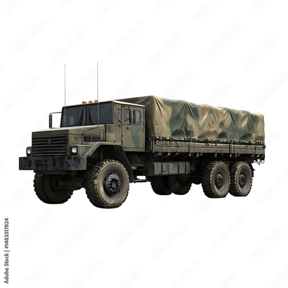 Fototapeta premium Military truck with tarp cover on transparent background