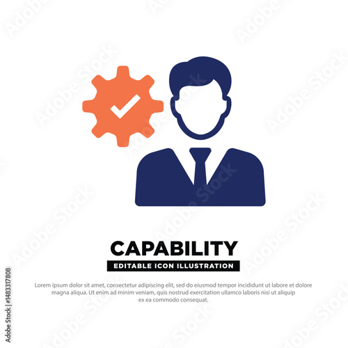 Capability Icon. Person with Gear and Check Symbol for Reliable Competence. Vector editable icon.