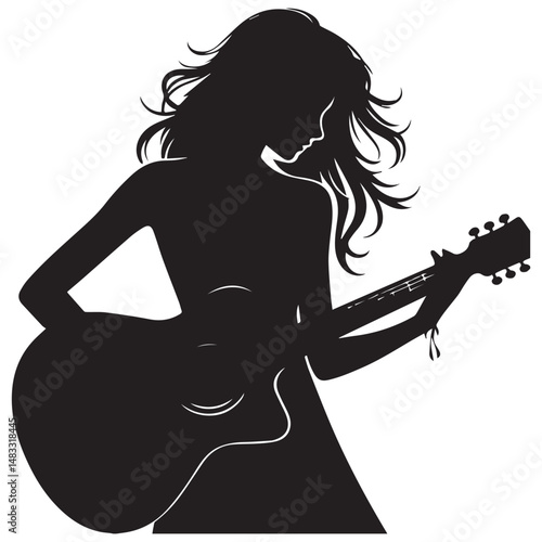 silhouette of a person playing guitar, simple black and white editable vector