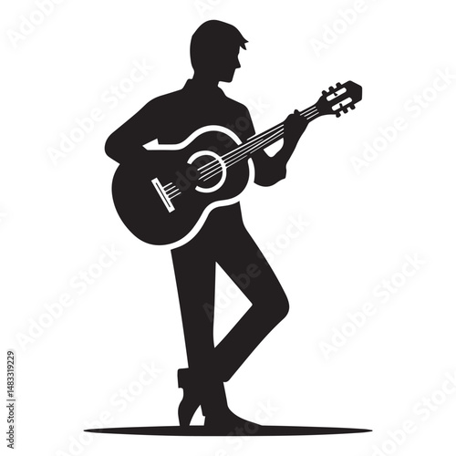 silhouette of a person playing guitar, simple black and white editable vector