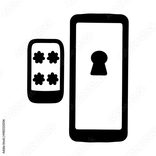 Stylized image of smart phone with flower motif and a keyed lock