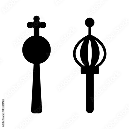 Two stylized royal scepters, one with a cross, on a white background