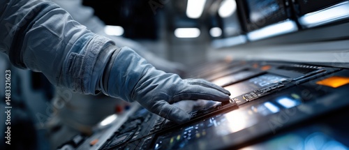 Fototapeta Naklejka Na Ścianę i Meble -  Astronaut operating control panel in spaceship, navigating mission with advanced technology and wearing spacesuit in space station