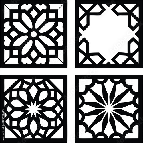 Elegant geometric pattern design comprising four different detailed abstract decorative floral elements