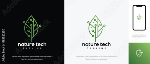 Green leaf technology logo design template. Nature leaf digital technology logo design vector icon	