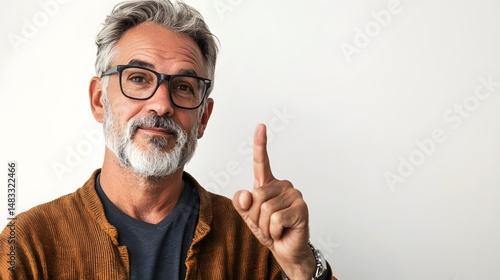 Mature man with glasses pointing finger up giving advice or making a point on a white background space