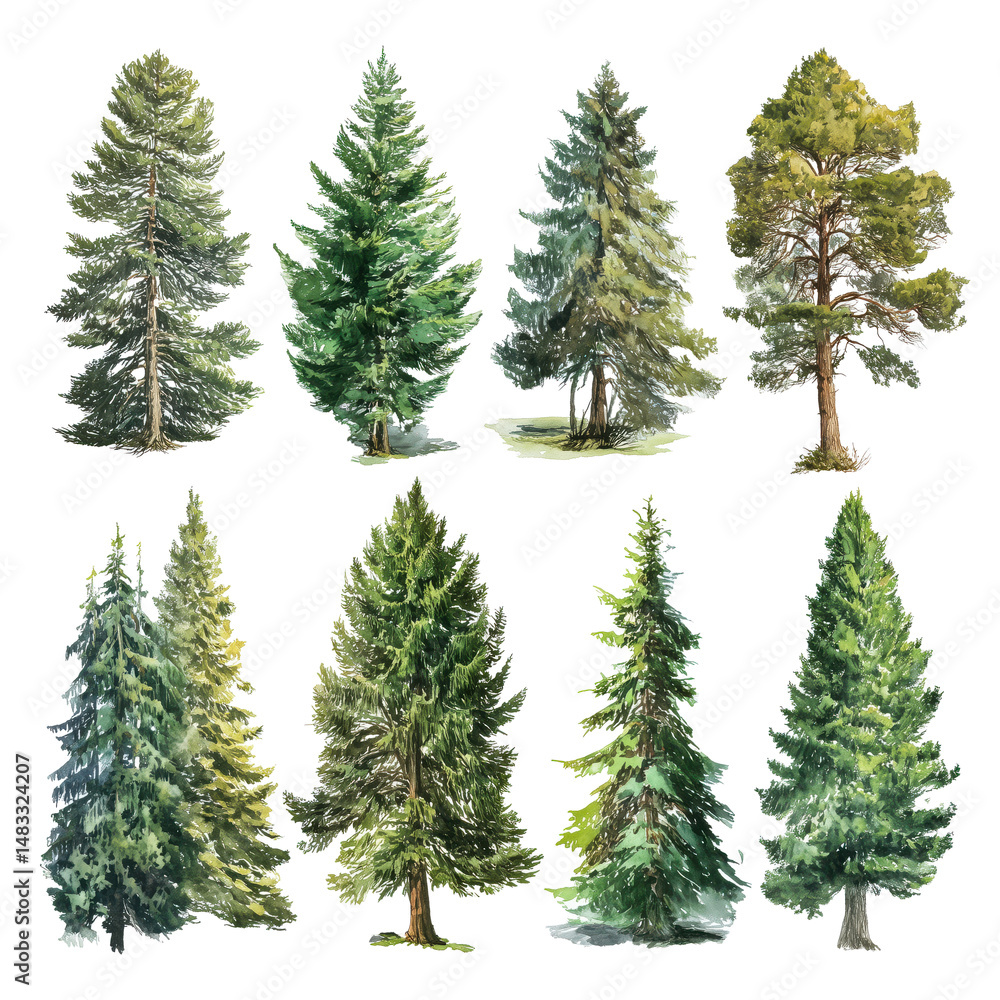 Fototapeta premium Collection of Detailed Evergreen Trees , isolated on white background png