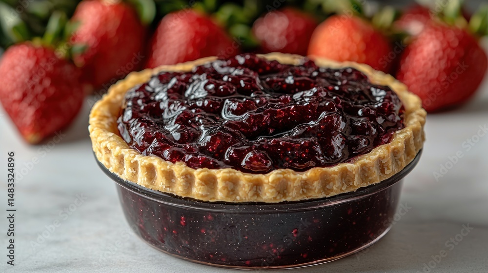 A mini strawberry pie in a glass dish, filled with glistening berry filling and surrounded by fresh strawberries A mini strawberry pie in a glass dish, filled with glistening berry filling and surrounded by fresh strawberries