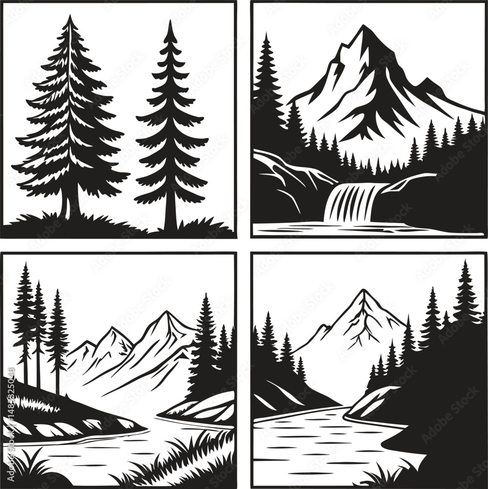 Obraz premium Black and white illustrations of nature scenes featuring trees mountains and waterways