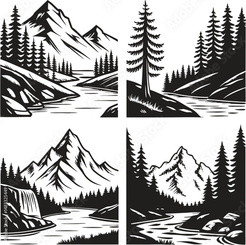 Black and white mountain landscape vector illustrations featuring river and forest scenes